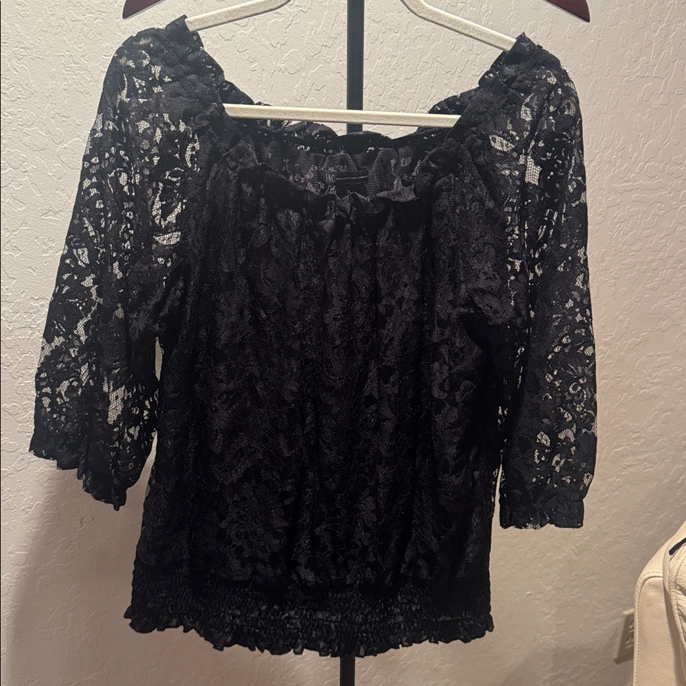 INC International Concepts Black Ruffled Blouse
